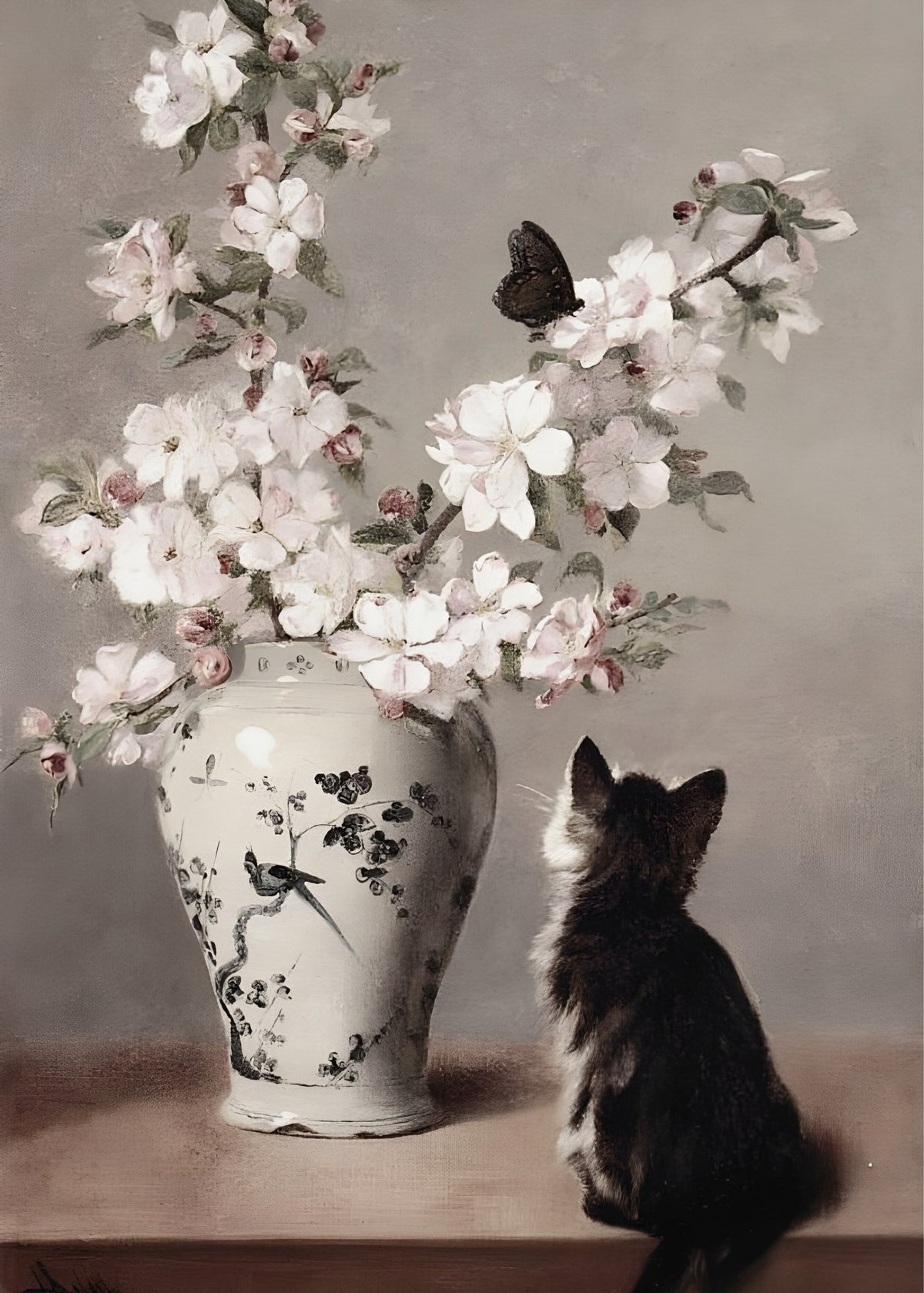 Black Cat and Blossoms, eclectic wall art print