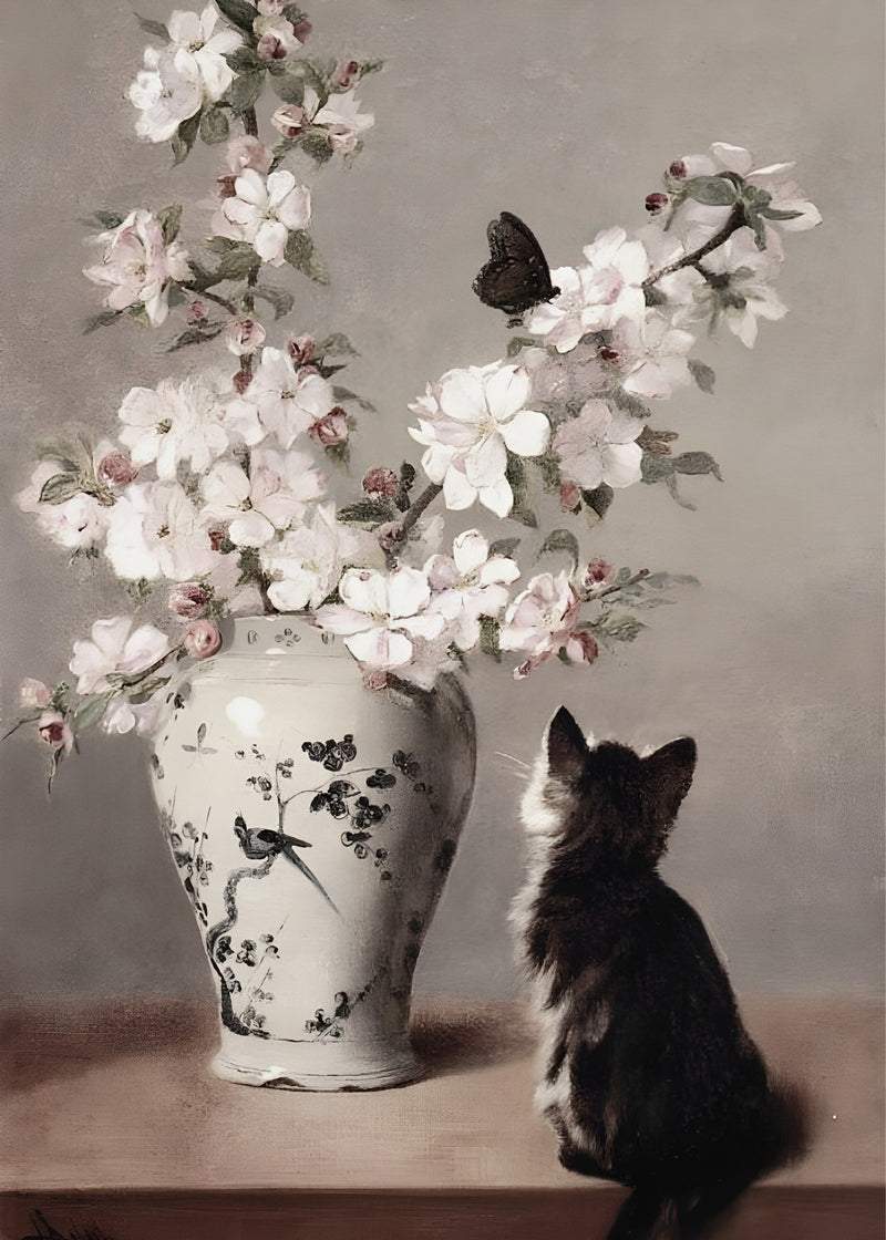 Black Cat and Blossoms, an eclectic art print