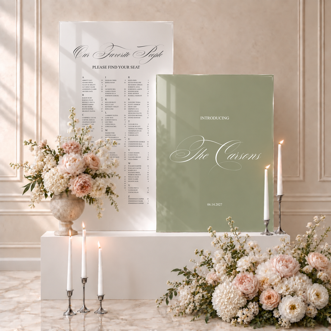Florence acrylic double welcome and seating chart sign: find-your-seat chart on a white acrylic panel with the family name and date on a sage green acrylic panel