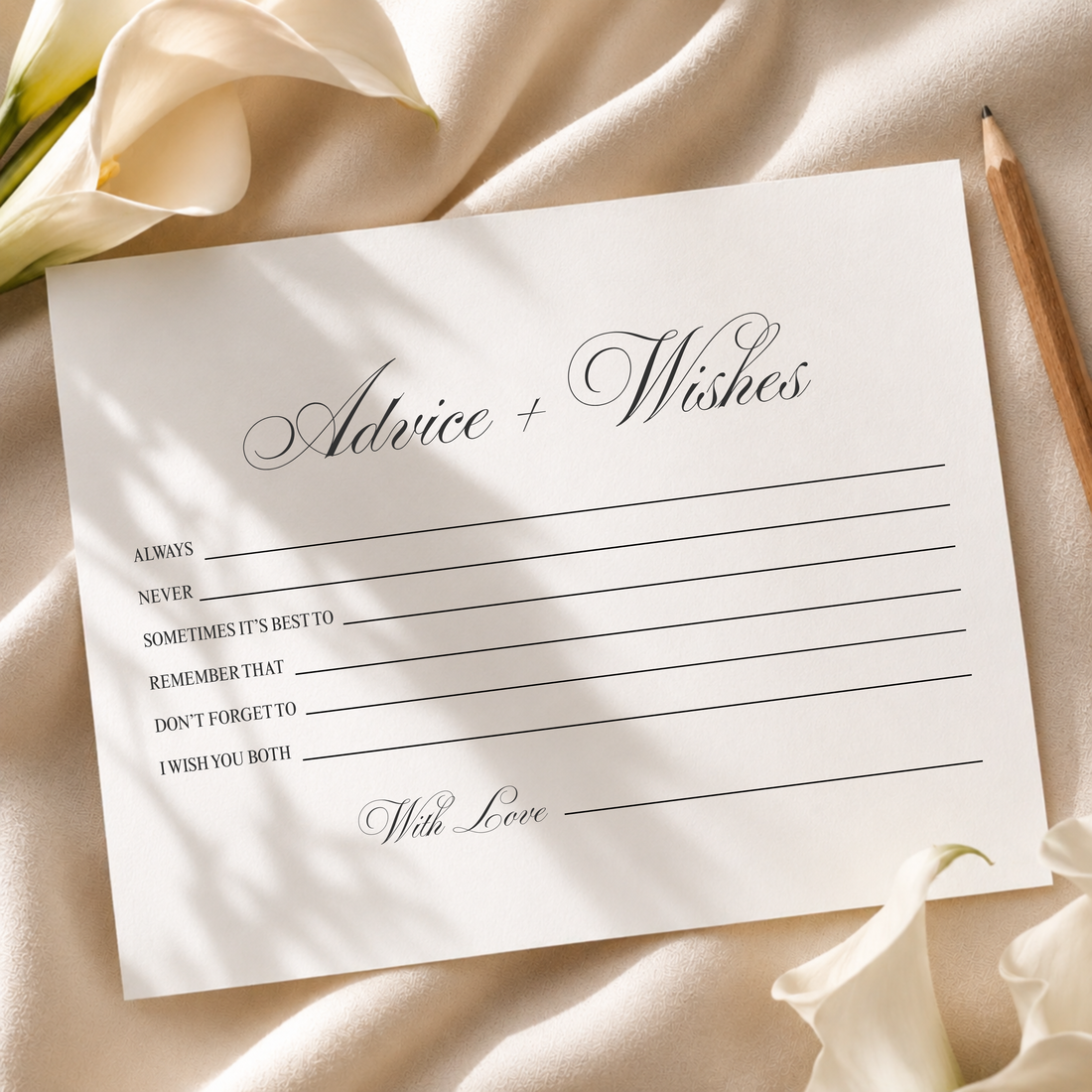 Printable wedding advice and wishes card with six prompts for guests, on silk with calla lilies
