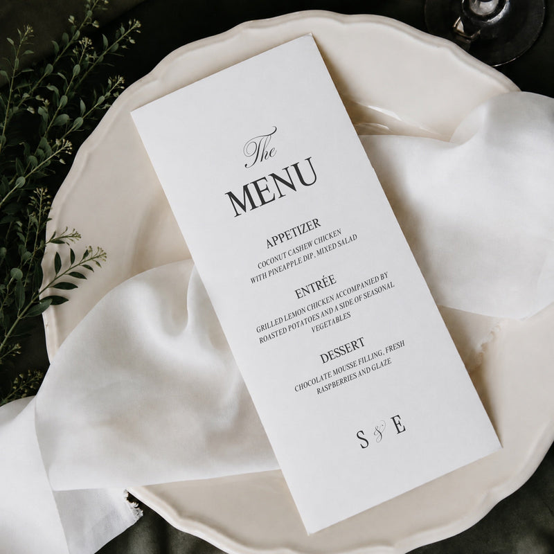 Juliette printable wedding menu card template on a place setting