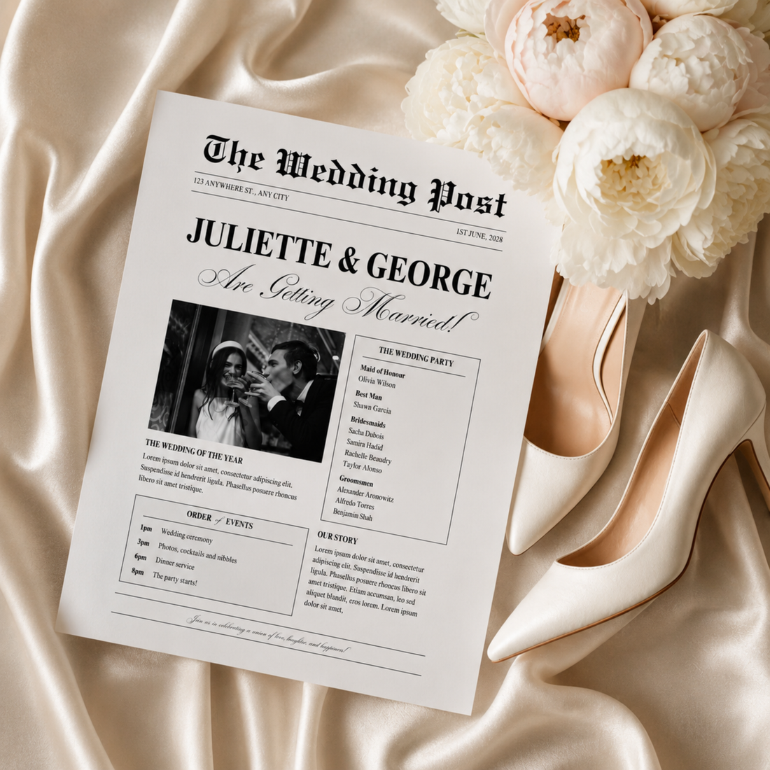 Printable wedding newspaper program headed The Wedding Post, with order of events and wedding party