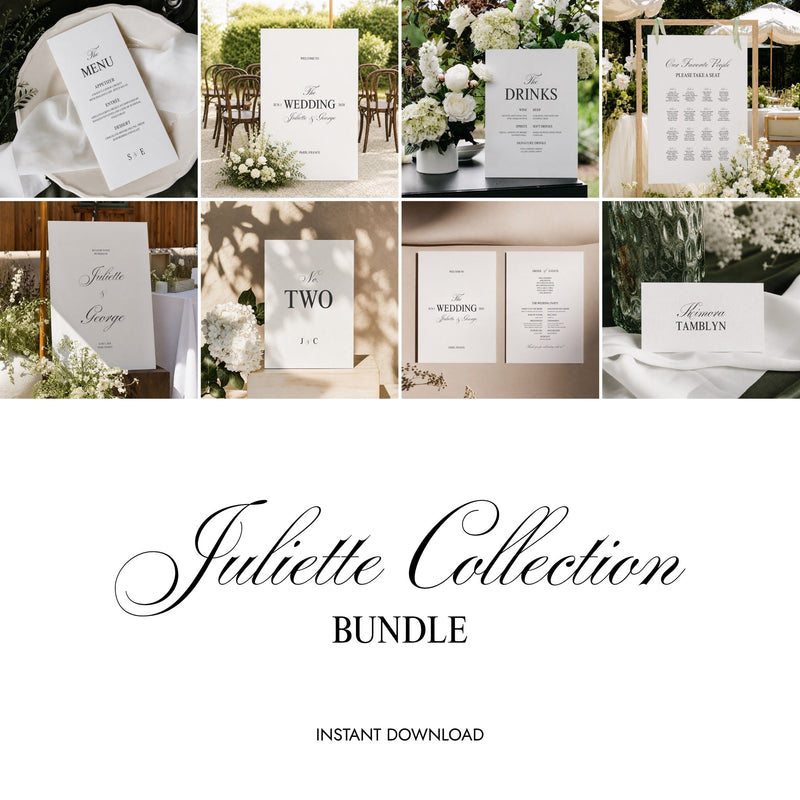 The complete Juliette printable wedding sign bundle, ten editable templates