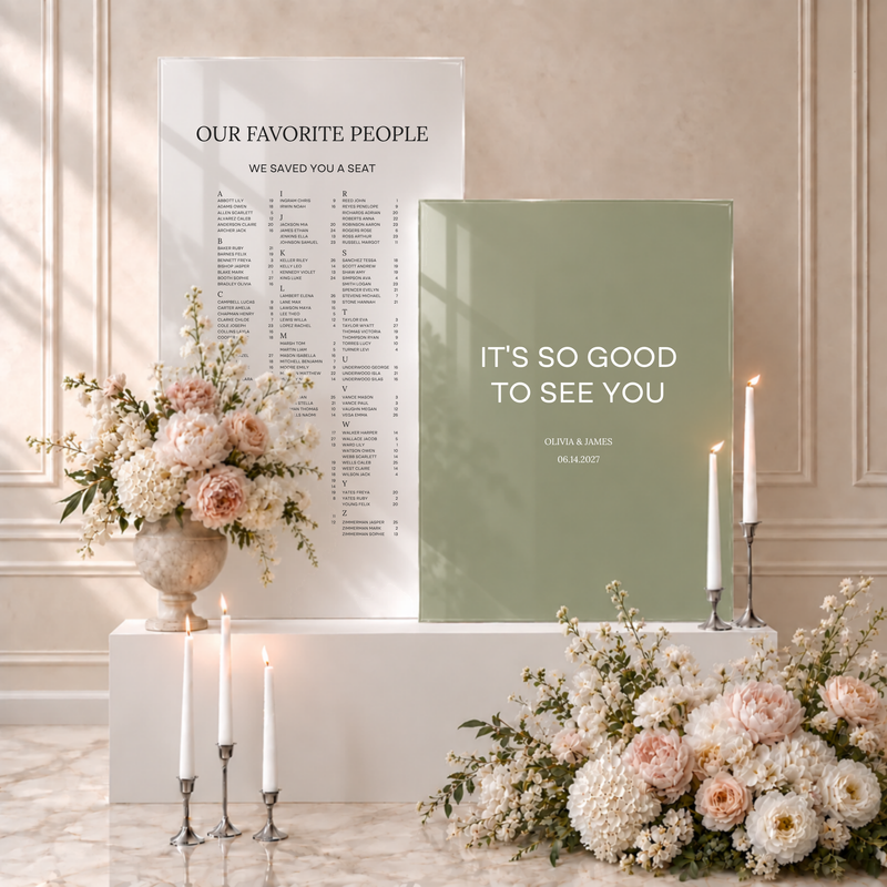 Moda acrylic double welcome and seating chart sign: A to Z seating chart on a white acrylic panel with a welcome message, names and date on a sage green acrylic panel