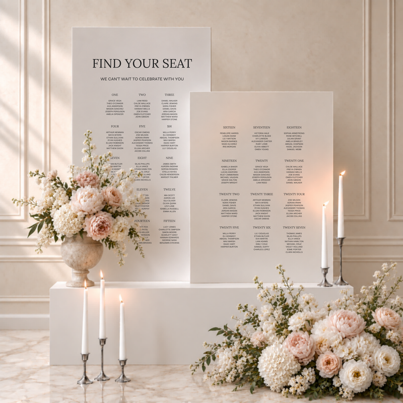 Moda collection gatorboard double wedding seating chart, two white panels with guest names grouped by table number