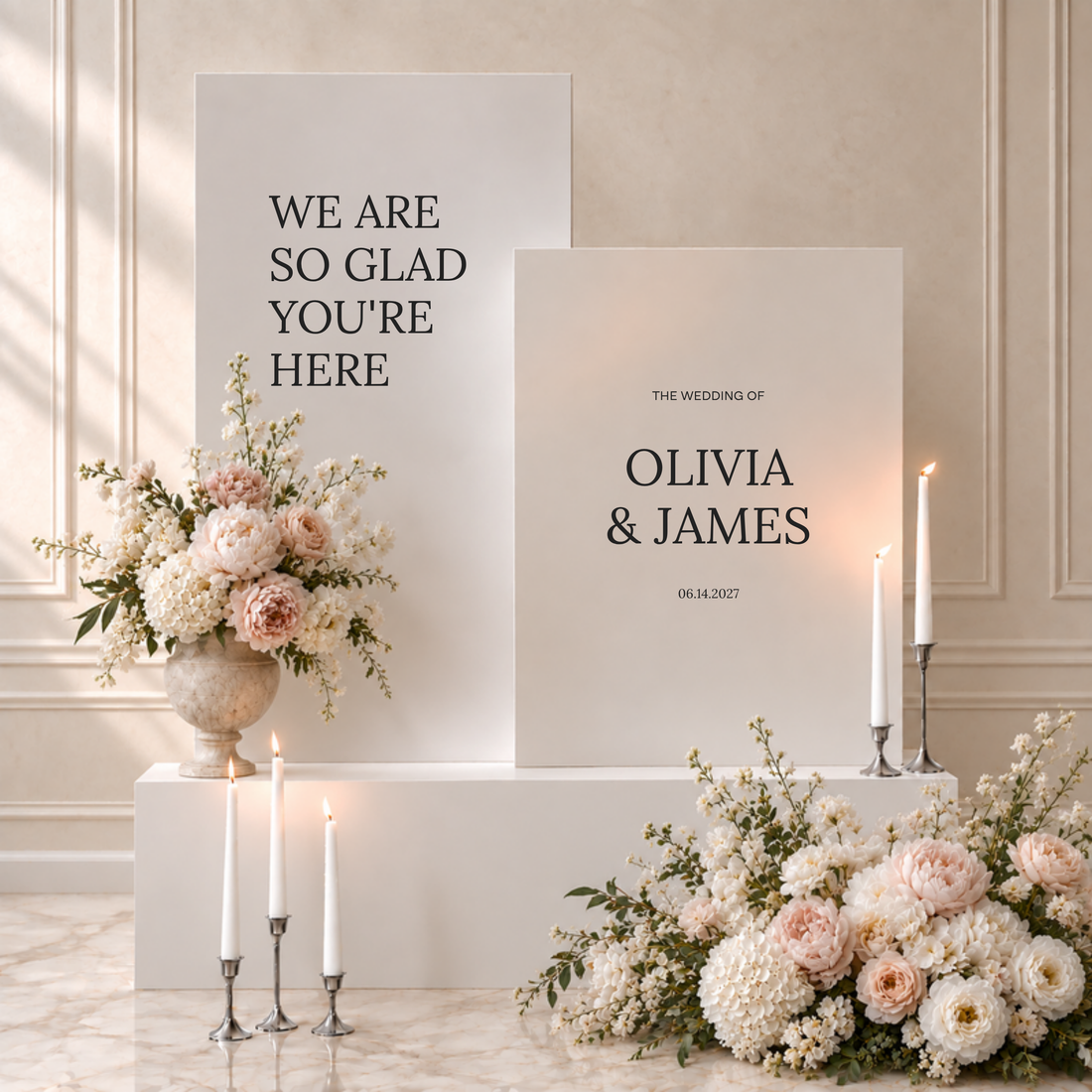 Moda collection gatorboard double wedding welcome sign, two white panels with a greeting and the couple's names and date