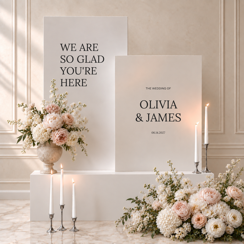 Moda collection gatorboard double wedding welcome sign, two white panels with a greeting and the couple's names and date