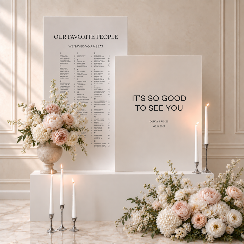Moda collection gatorboard double welcome and seating chart sign, a tall panel of guest names beside a welcome panel with the couple's names