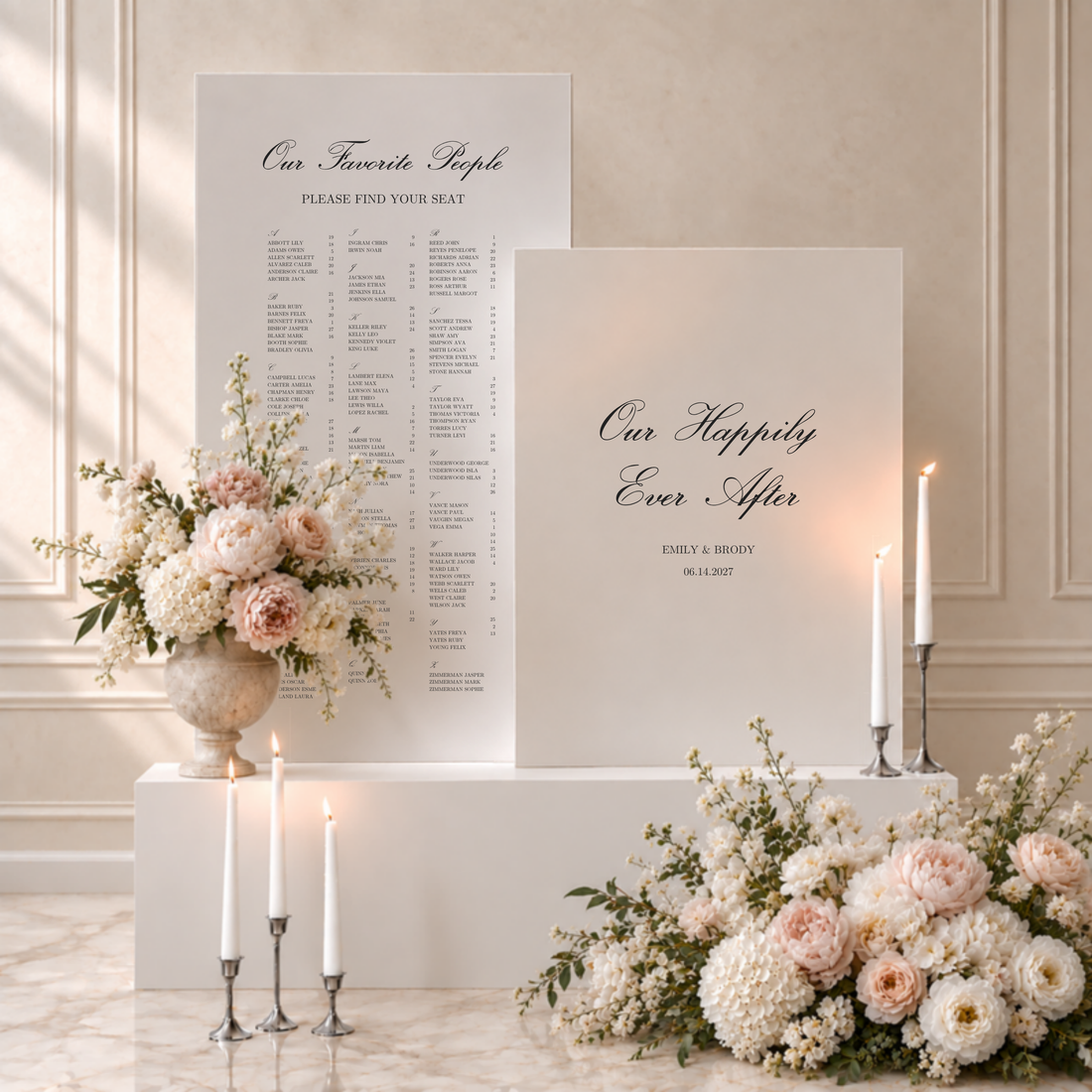 Reina collection acrylic double welcome and seating chart sign, a tall panel of guest names beside a welcome panel with the couple's names