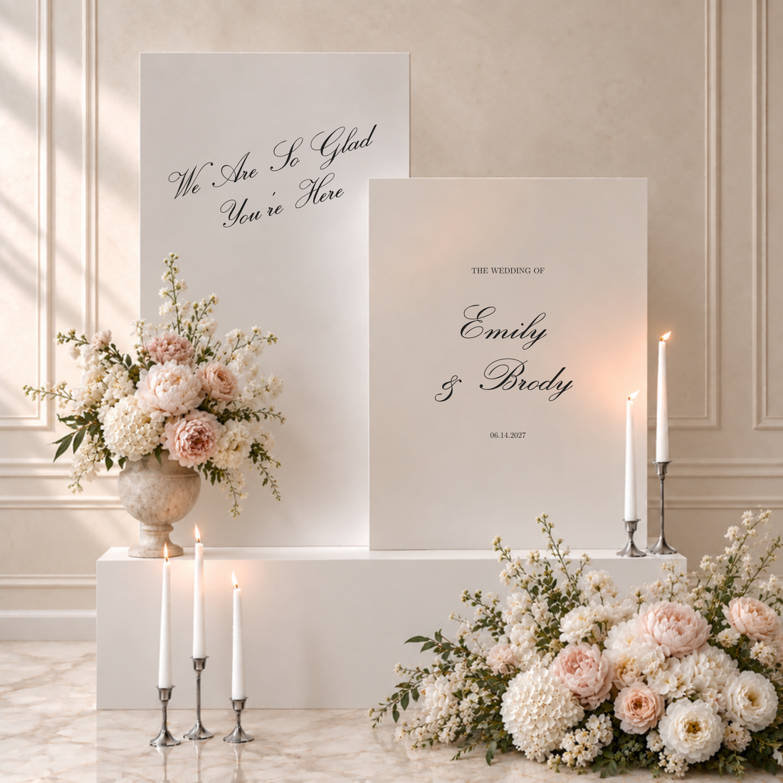 Reina collection gatorboard double wedding welcome sign, two white panels with a greeting and the couple's names and date