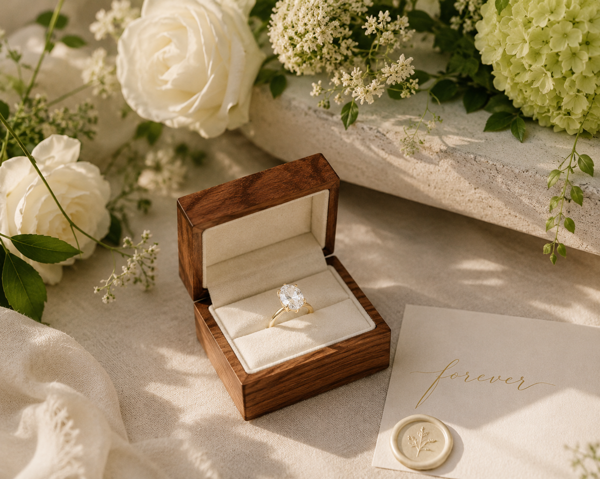 A diamond engagement ring in a wooden box surrounded by white florals, soft greenery, and romantic ivory details.