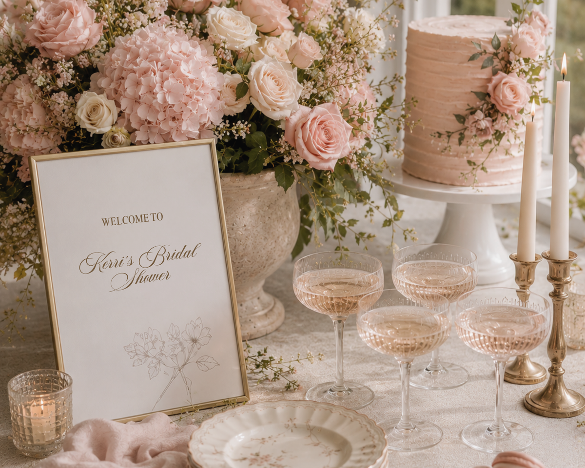 Soft pink bridal shower tablescape with romantic florals, champagne coupes, blush cake, candles, and an elegant welcome sign for Kerri’s bridal shower.