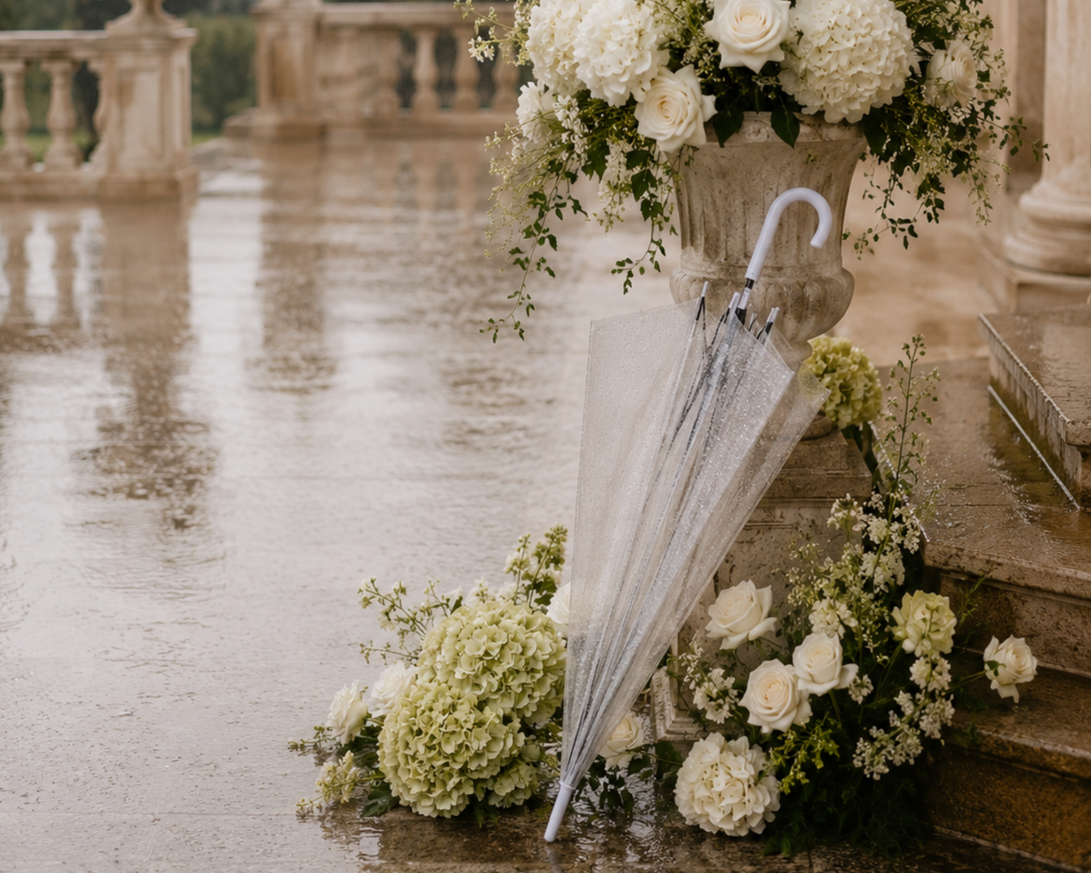 Elegant rainy wedding scene with a clear umbrella, white and green florals, and a grand stone terrace glistening in the rain.