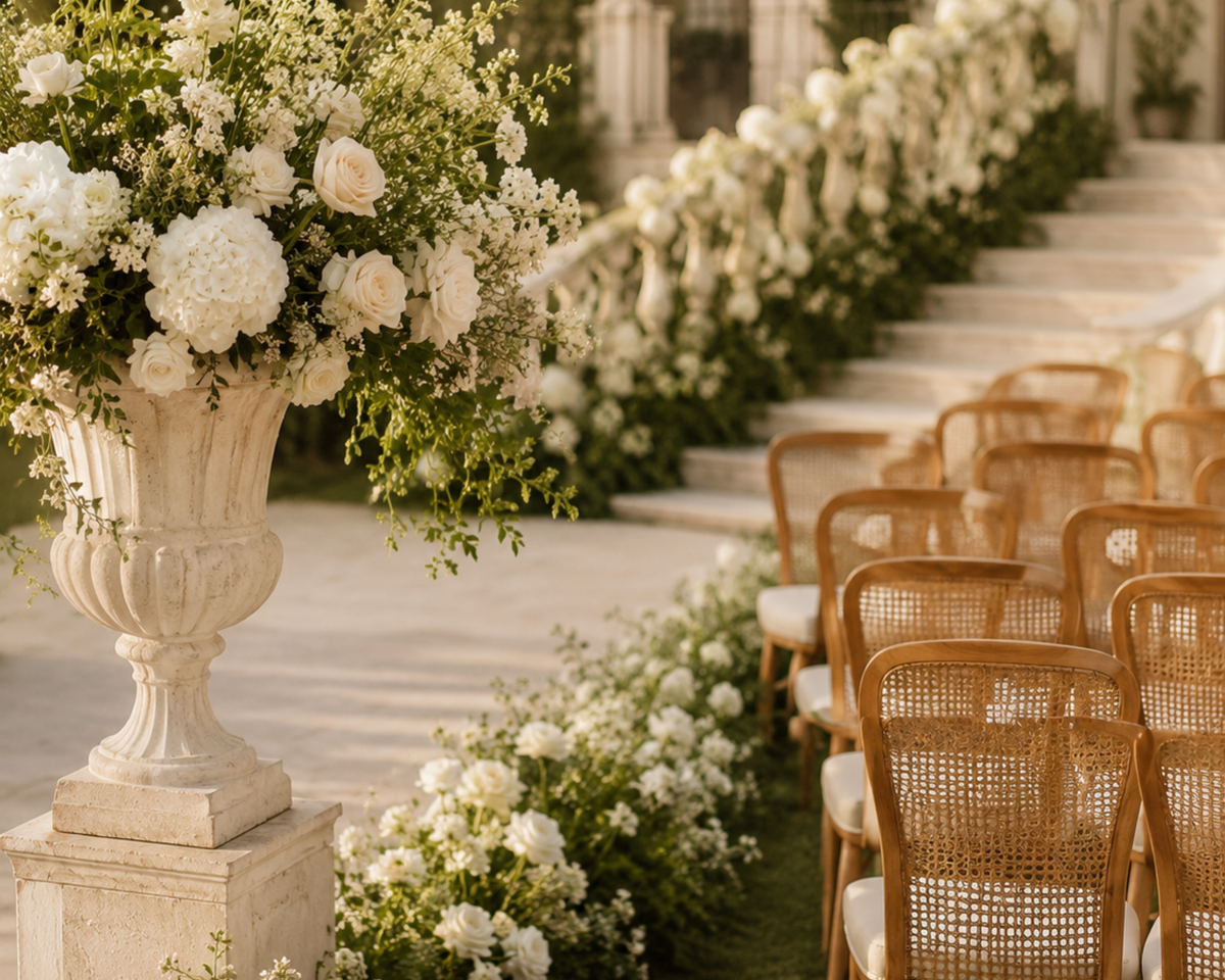 Elegant outdoor wedding ceremony with white florals, lush greenery, woven wood chairs, and a grand stone venue bathed in warm natural light.