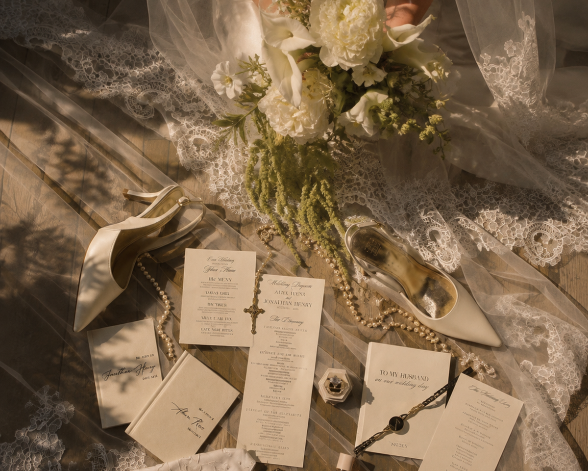 Wedding dress, shoes, rings and invitation suite laid out for a getting ready checklist
