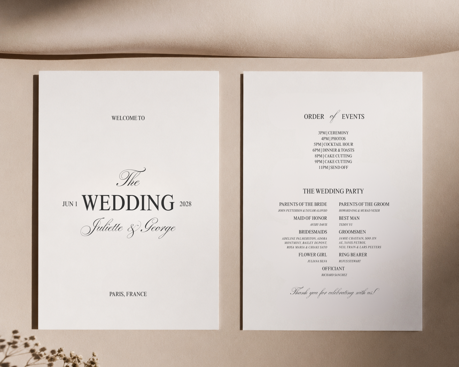 Juliette printable wedding program card showing the order of events on the back.
