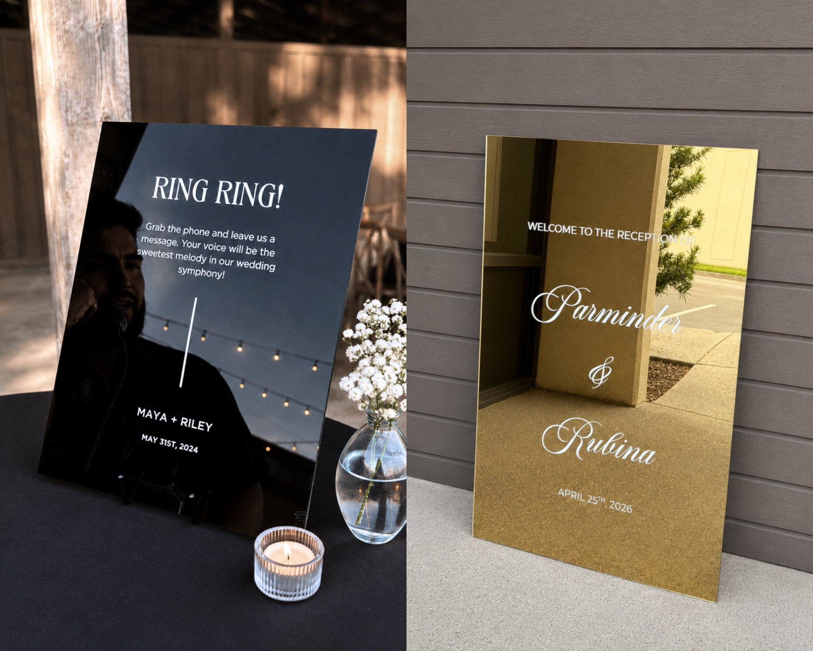 Wedding sign materials compared side by side — acrylic, gold mirror.