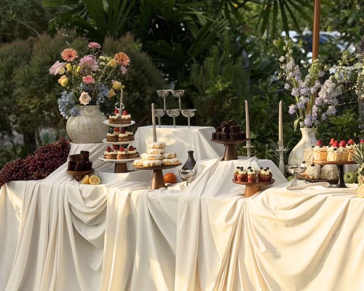 It’s a luxury outdoor wedding dessert display set against lush, deep-green garden foliage