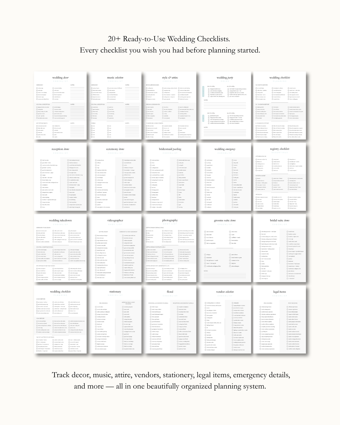 20+ ready-to-use wedding checklists in The Wedding Checklist Bundle — decor, music, attire, wedding party, reception, ceremony, packing, takedown, photography, stationery, floral, vendor, registry, legal and emergency checklists, editable in Canva
