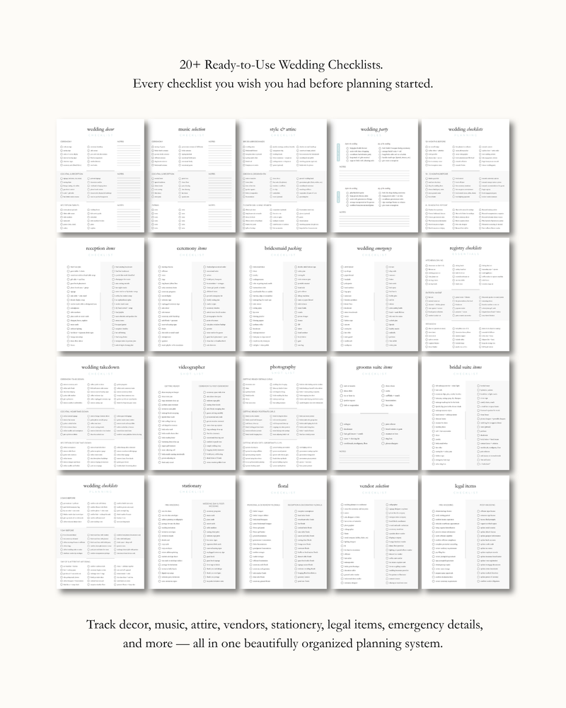 20+ ready-to-use wedding checklists in The Wedding Checklist Bundle — decor, music, attire, wedding party, reception, ceremony, packing, takedown, photography, stationery, floral, vendor, registry, legal and emergency checklists, editable in Canva