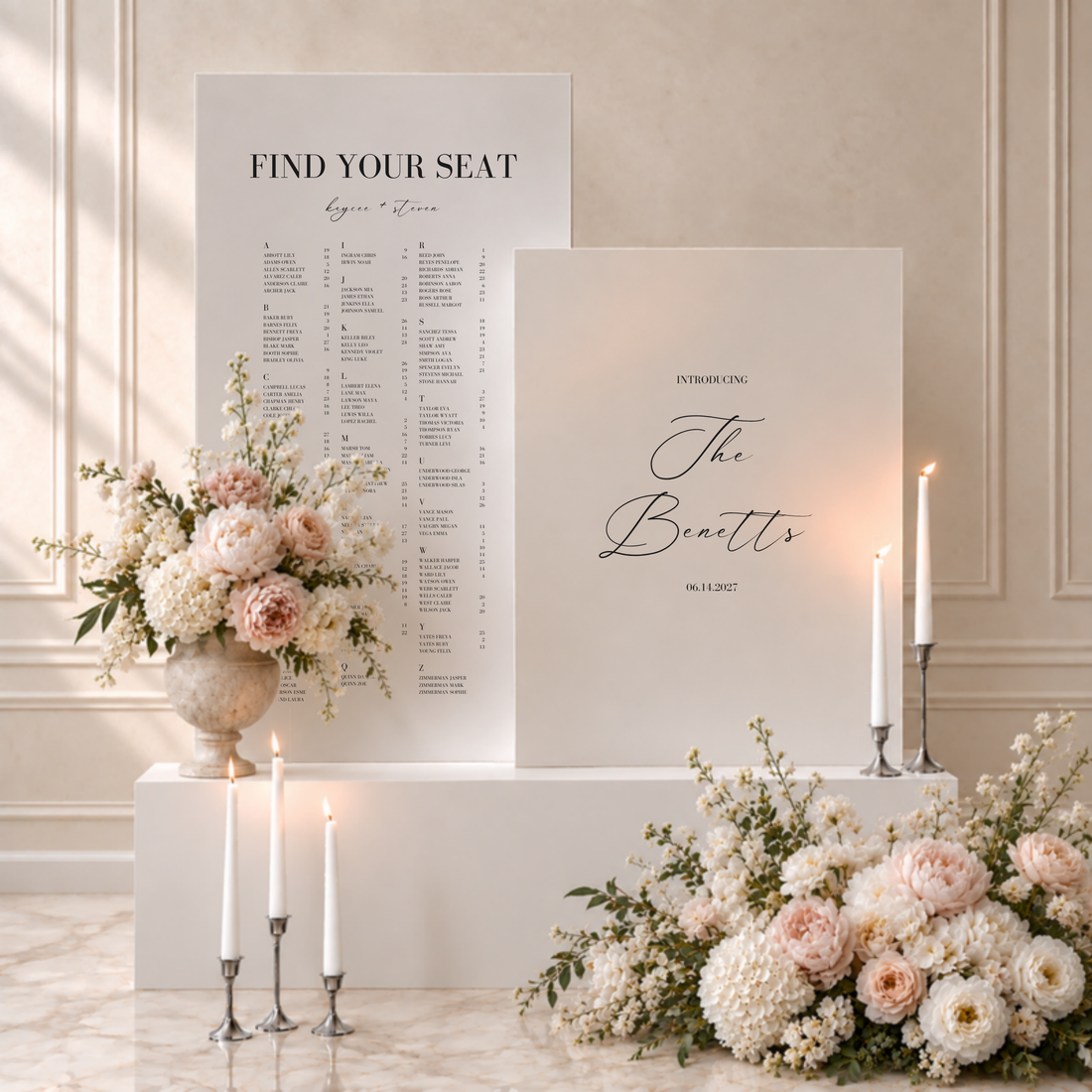 Aria collection acrylic double welcome and seating chart sign, a tall panel of guest names beside a panel introducing the couple's new family name