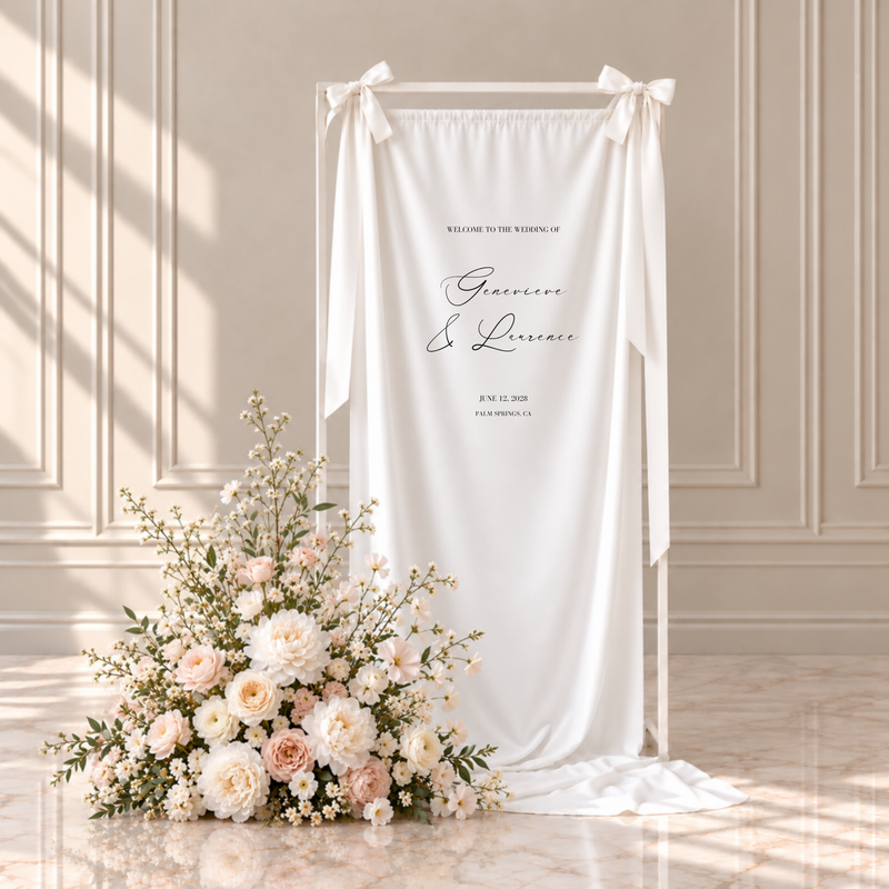Aria fabric wedding welcome sign: welcome to the wedding of, the couple's names, wedding date and location, hanging from a white frame with ribbon bows beside blush and ivory flowers
