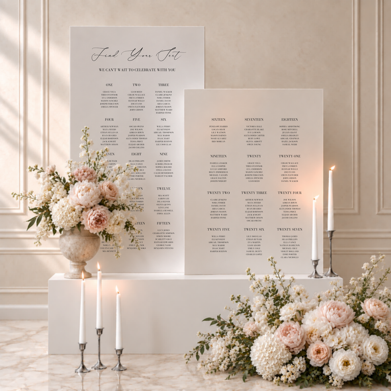 Aria collection gatorboard double wedding seating chart, two white panels with guest names grouped by table number