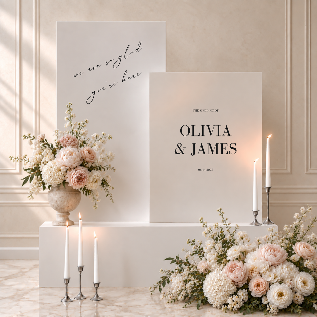 Aria collection gatorboard double wedding welcome sign, two white panels with a greeting and the couple's names and date