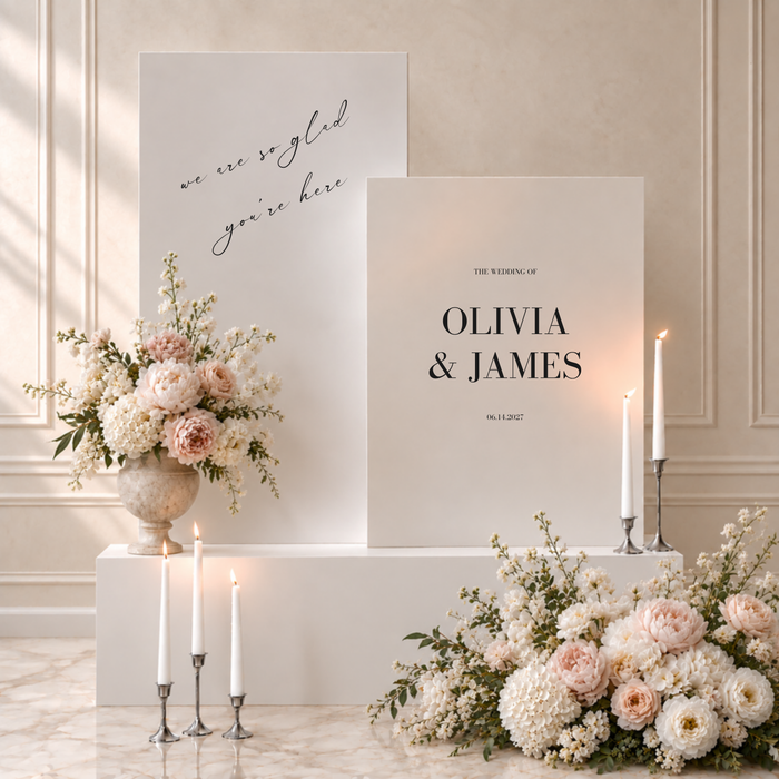 Aria collection gatorboard double wedding welcome sign, two white panels with a greeting and the couple's names and date