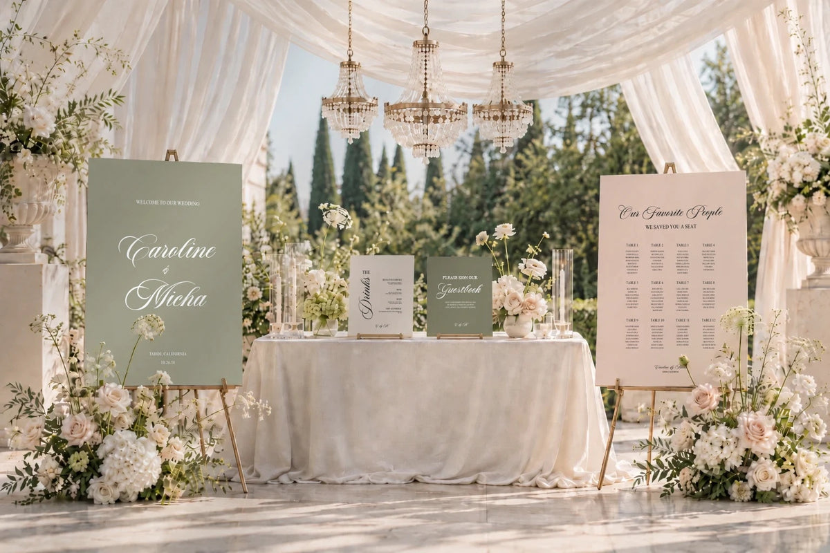 The full Black Tie Suite under a draped outdoor pavilion: a sage welcome sign, drinks and guestbook signs on a table, and a blush seating chart, with chandeliers and white florals