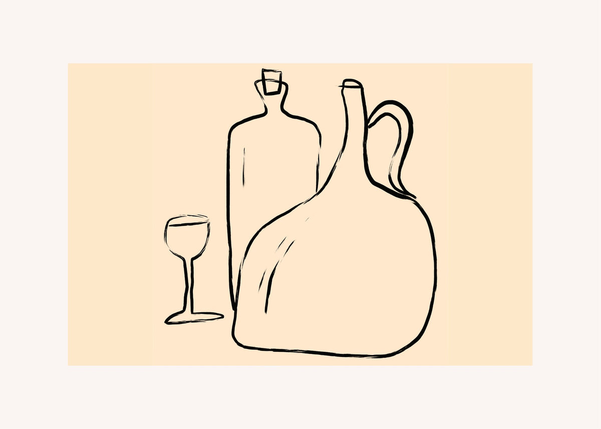 Bottle and Glass Line Drawing, modern wall art print