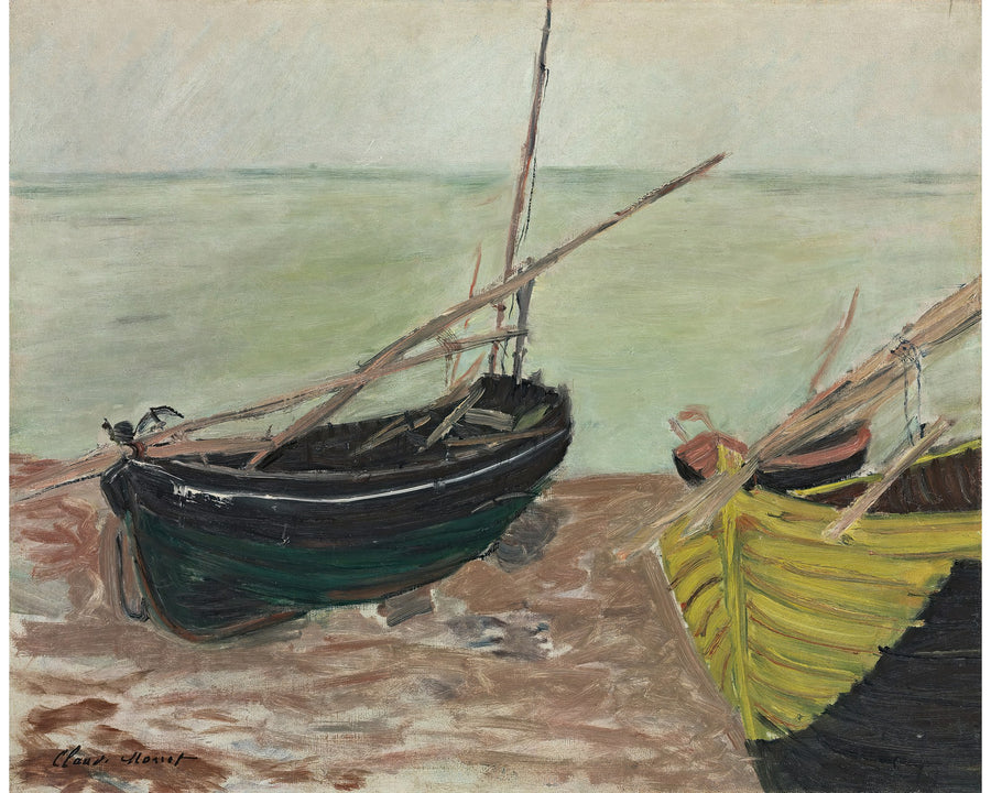 Boats on the Beach at Étretat by Claude Monet, reproduced as a fine art wall print