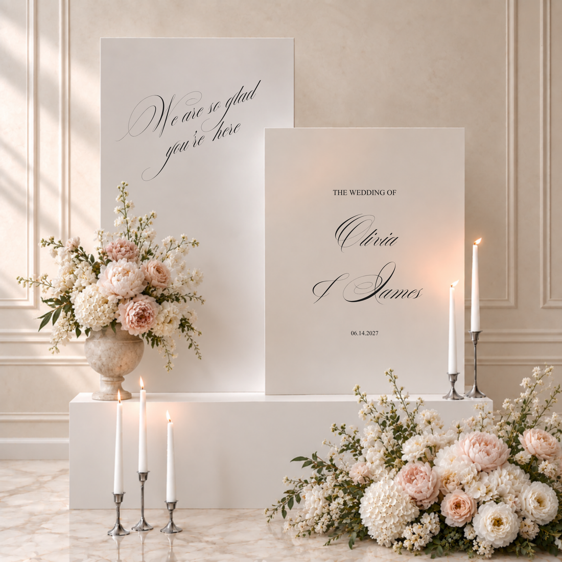 Florence collection acrylic double wedding welcome sign, two white panels with a greeting and the couple's names and date
