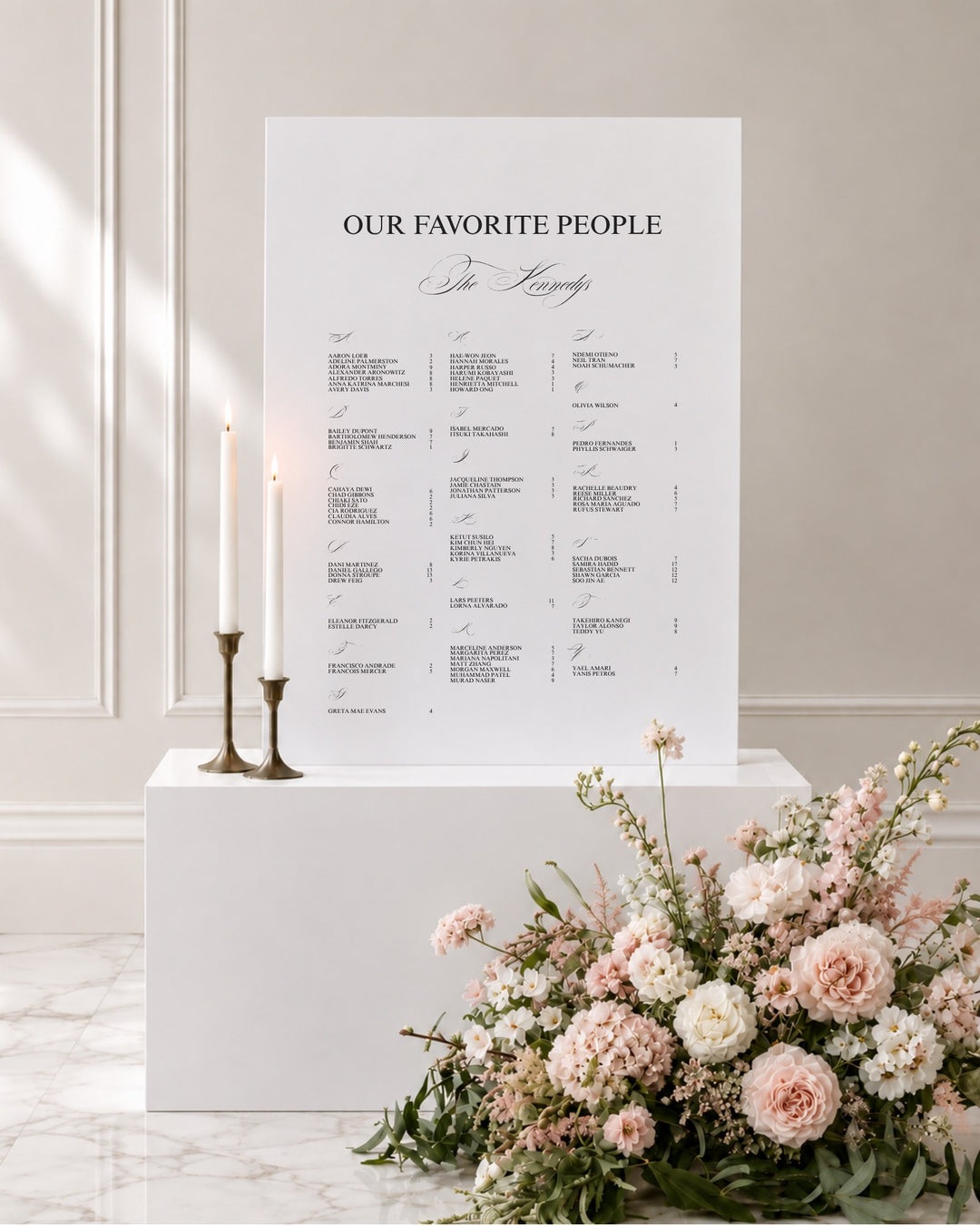 Florence acrylic wedding seating chart on a white plinth with taper candles and blush florals