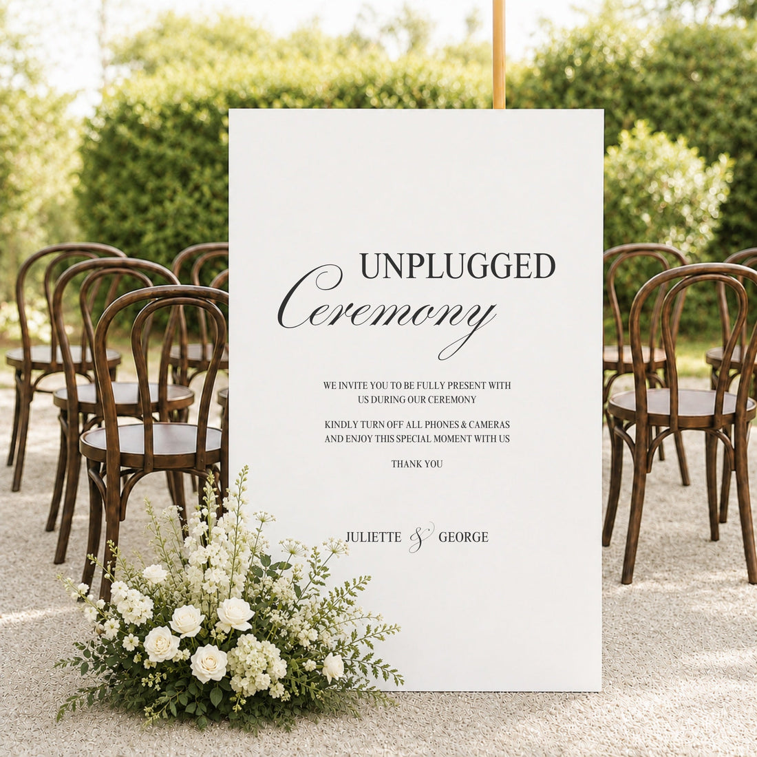 Juliette printable unplugged ceremony wedding sign template at an outdoor aisle