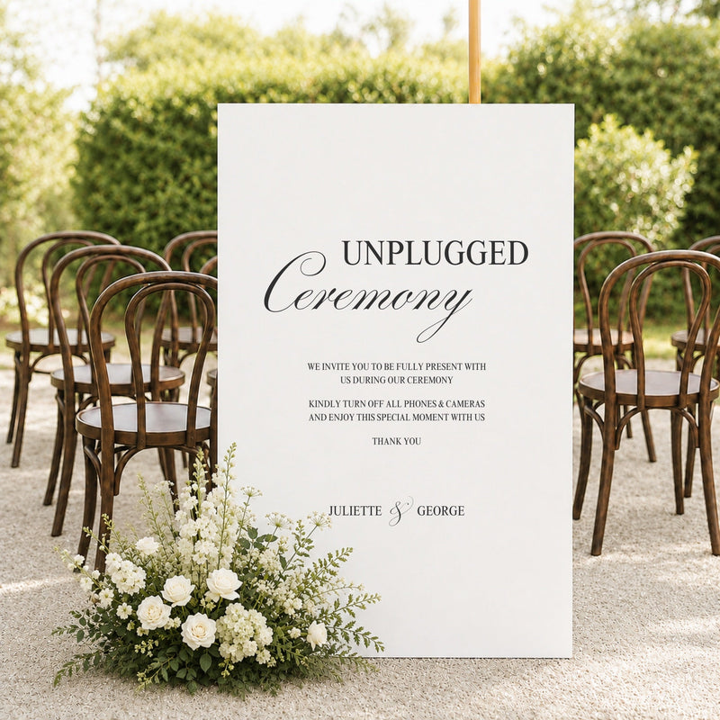 Juliette printable unplugged ceremony wedding sign template at an outdoor aisle
