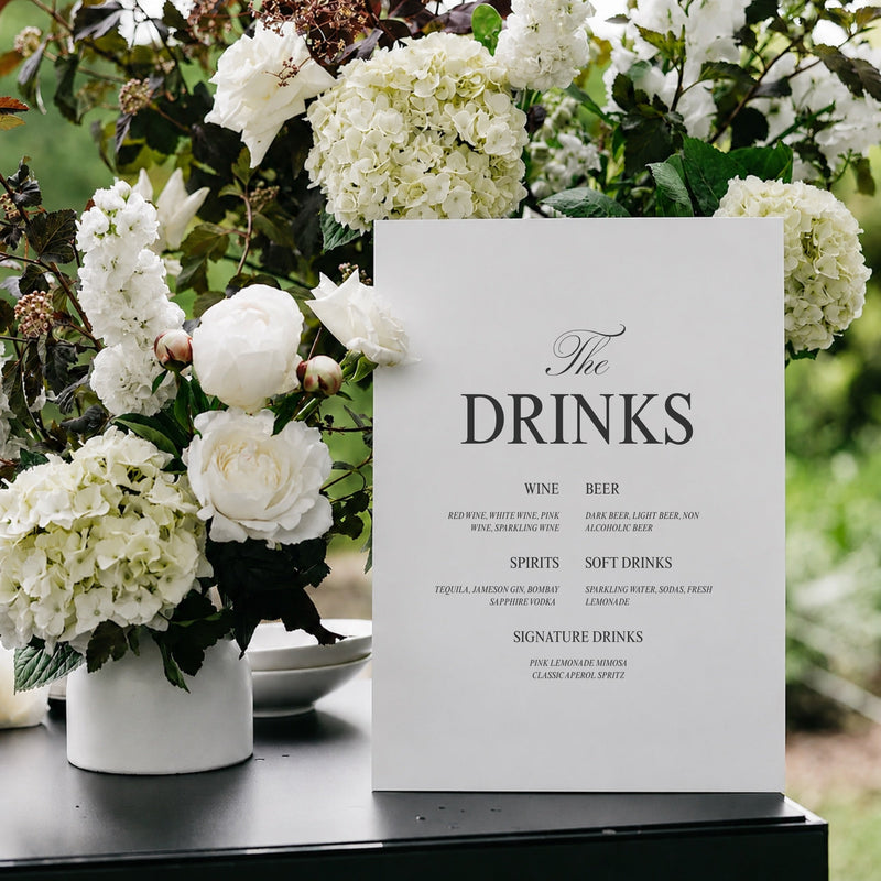 Juliette printable wedding drinks menu sign template listing wine, beer, spirits and signature drinks