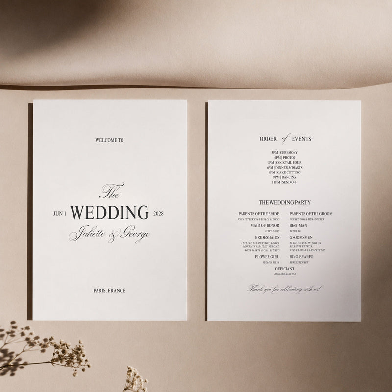 Juliette printable wedding program template, front and back, with order of events and wedding party