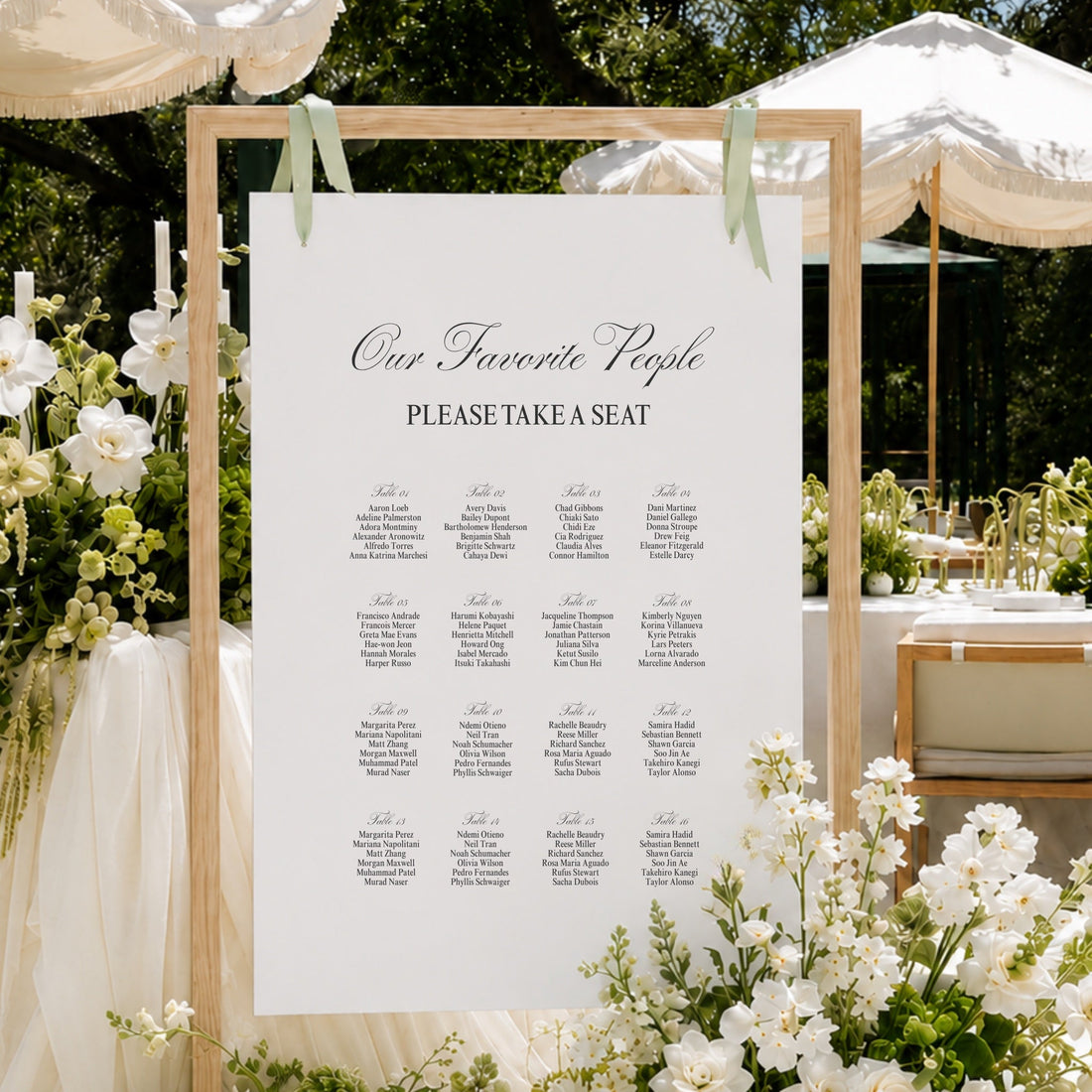 Juliette printable wedding seating chart template with sixteen tables of guest names