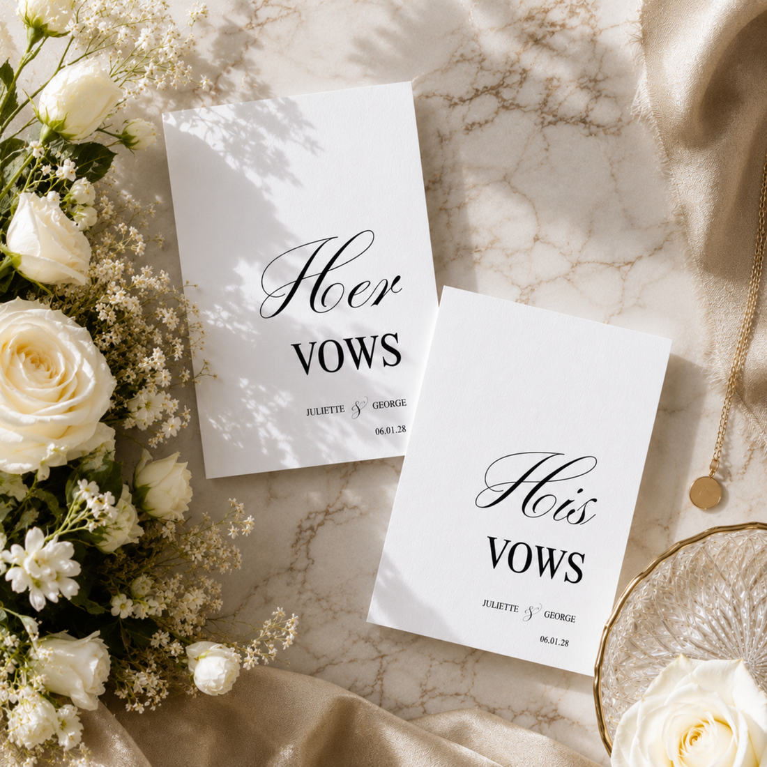 His and Hers printable wedding vow books in the Juliette script, on marble with white roses
