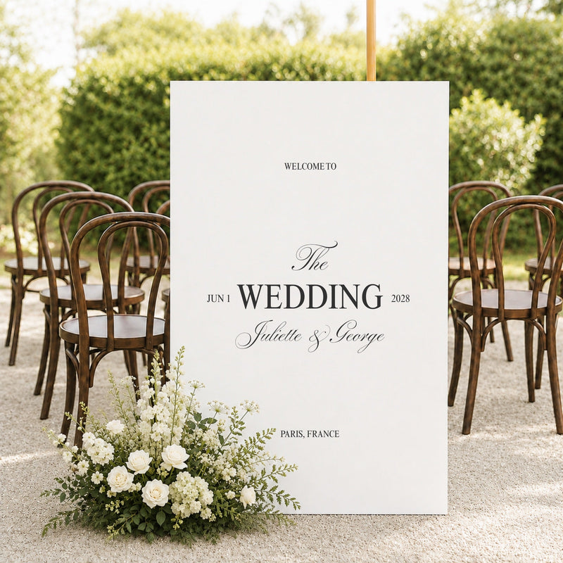Juliette printable wedding welcome sign template on an easel at an outdoor ceremony