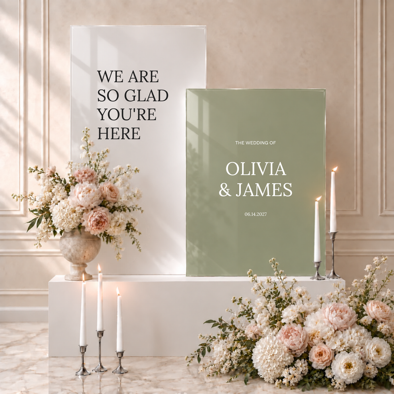 Moda acrylic double wedding welcome sign: welcome greeting on a white acrylic panel with the couple's names and wedding date on a sage green acrylic panel