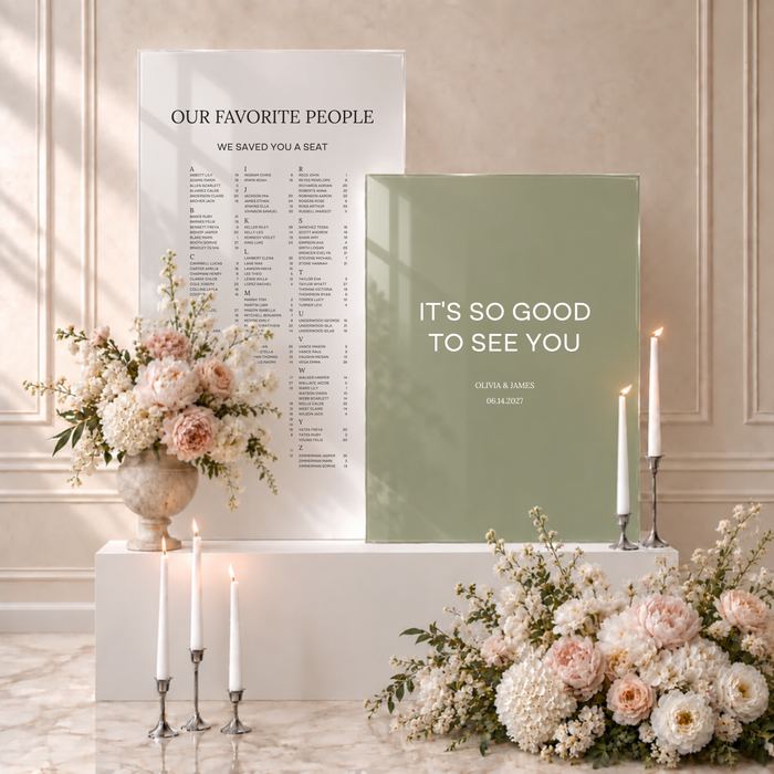 Moda acrylic double welcome and seating chart sign: A to Z seating chart on a white acrylic panel with a welcome message, names and date on a sage green acrylic panel