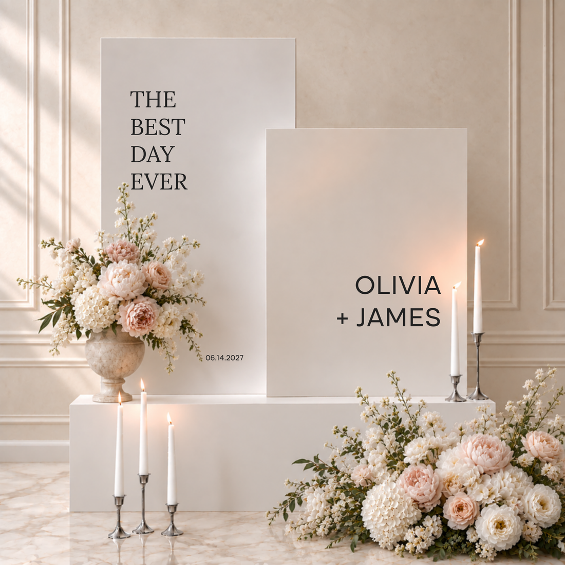 Moda collection gatorboard double wedding welcome sign, two white panels with a stacked statement and the couple's names