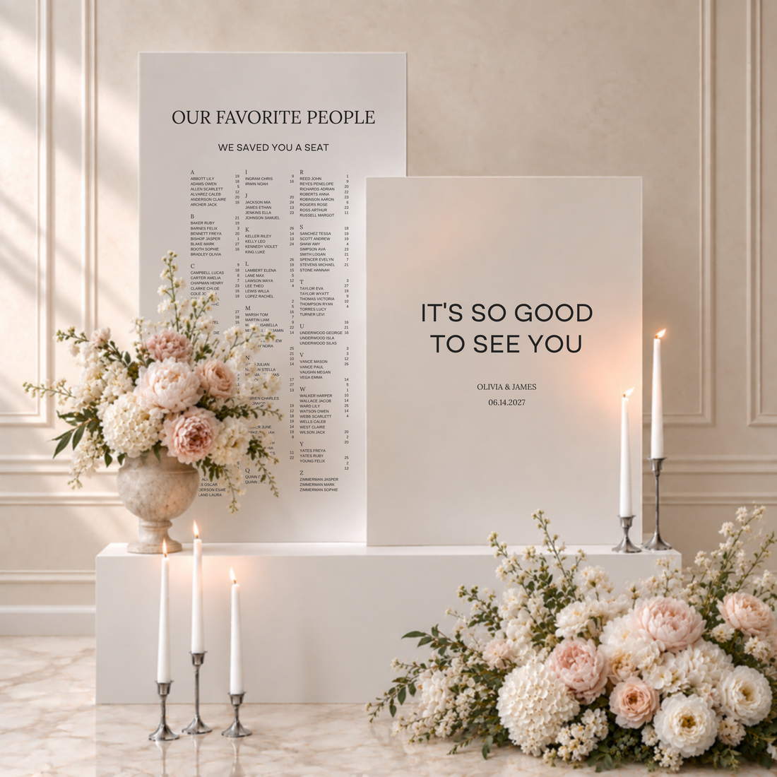 Moda collection gatorboard double welcome and seating chart sign, a tall panel of guest names beside a welcome panel with the couple's names