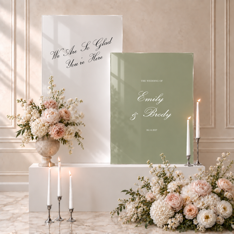 Reina acrylic double wedding welcome sign: welcome greeting on a white acrylic panel with the couple's names and wedding date on a sage green acrylic panel