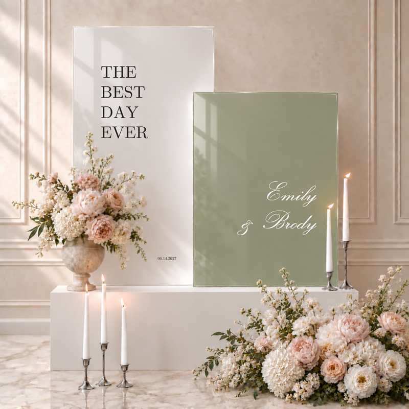 Reina acrylic double wedding welcome sign: stacked welcome statement and date on a white acrylic panel with the couple's names on a sage green acrylic panel