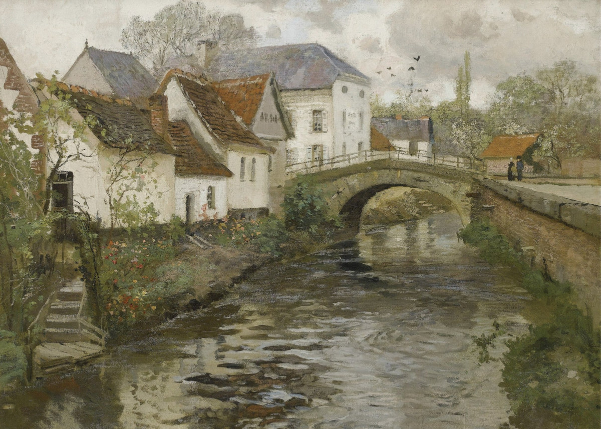 Stone Bridge Village, vintage wall art print