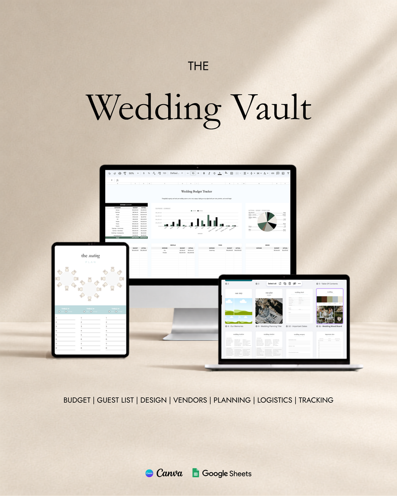 The Wedding Vault digital wedding planning system on desktop, tablet and phone — budget, guest list, vendor and timeline planners in Canva and Google Sheets