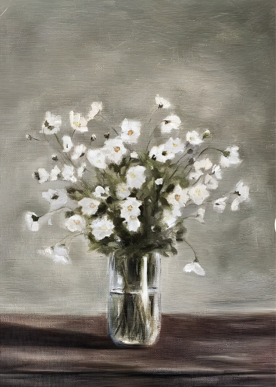 White Daisies in Glass Vase, botanical wall art print